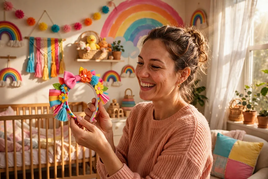 Joyful mother holding a bright colorful baby girl headband in a vibrant nursery with rainbow decor