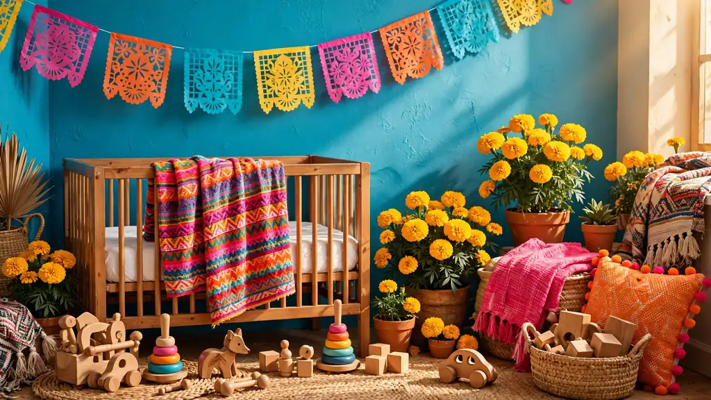 Vibrant Mexican-themed baby nursery with papel picado garlands and marigolds