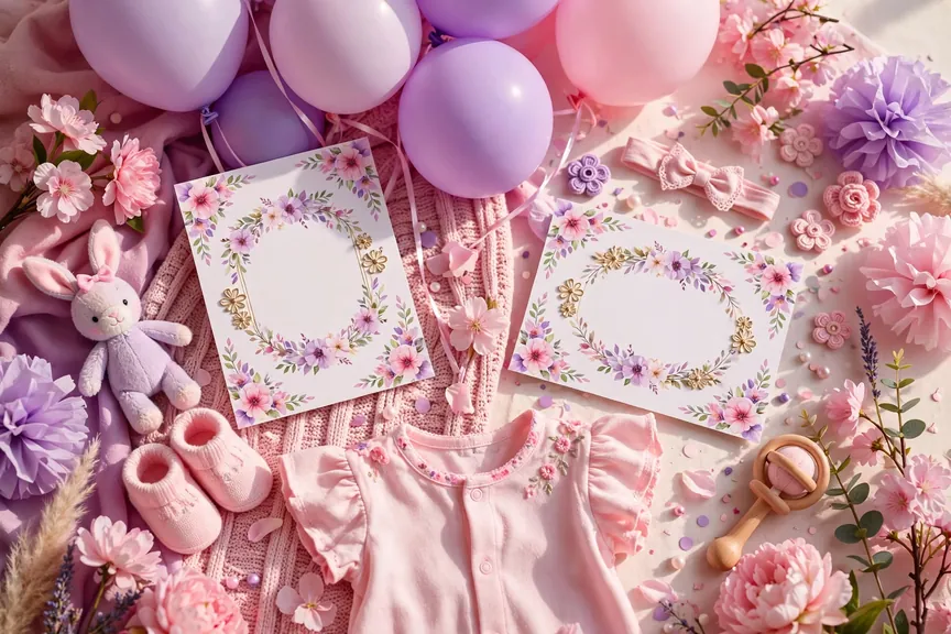 Bright colorful baby announcement scene with pink baby girl nursery items, soft flowers, pastel balloons, and decorative name cards