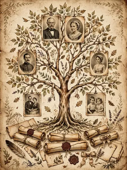 Classic American surnames with vintage family tree art
