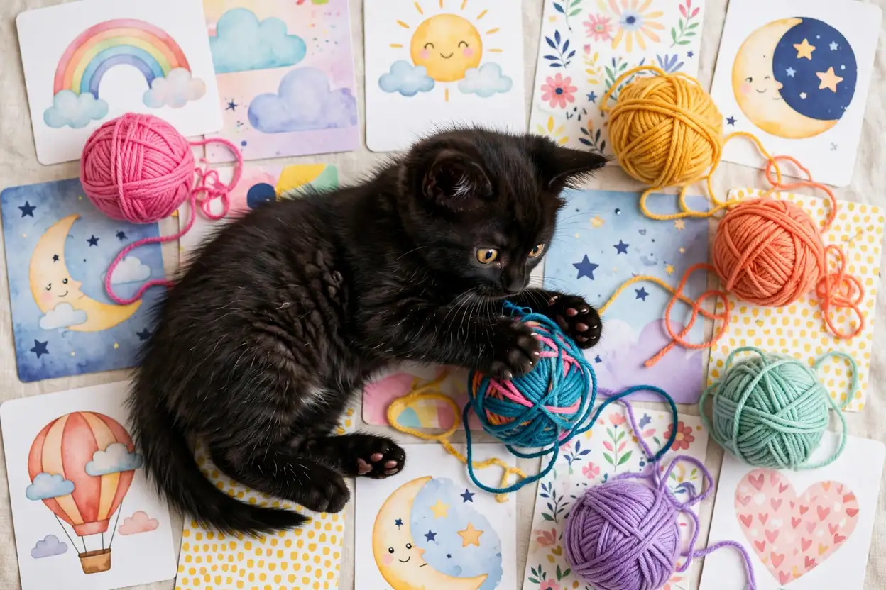 Cute black cat names on vibrant Halloween-style cards