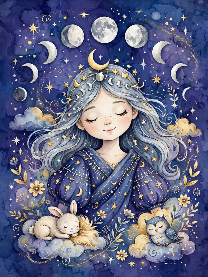 Crescent moon and stars nursery art with lunar baby names
