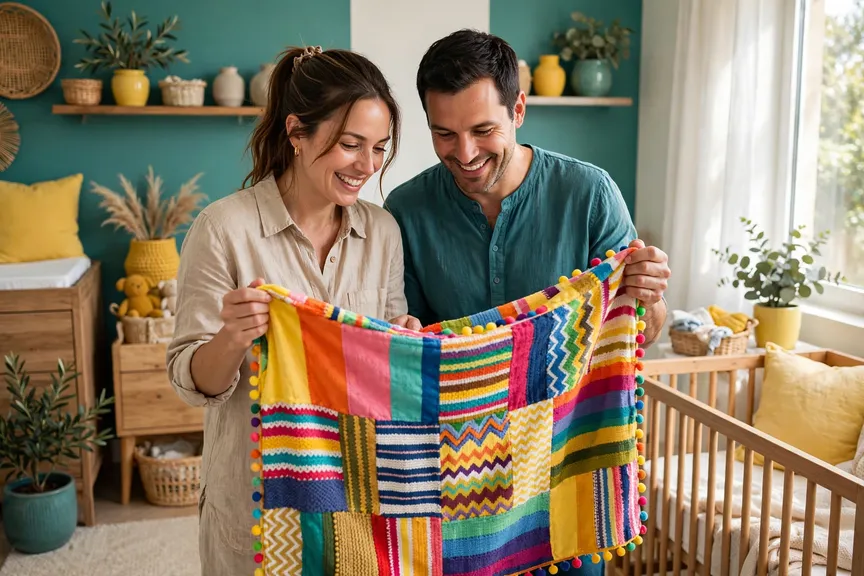 Happy parents holding a bright multicolor baby blanket in a vibrant neutral nursery