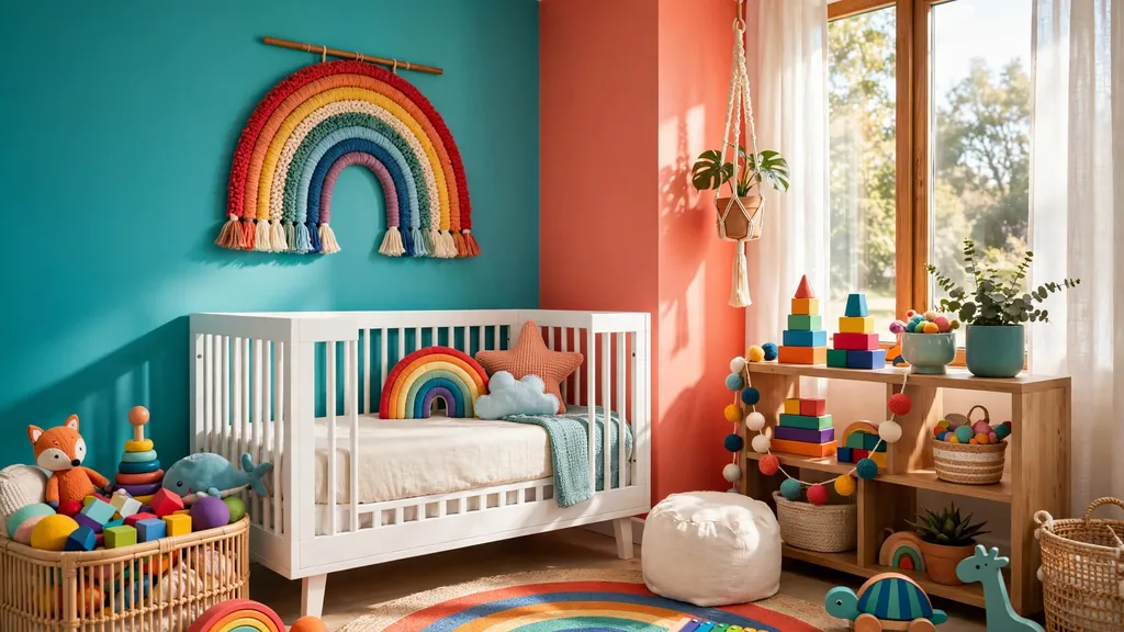 Bright modern gender-neutral nursery with rainbow wall decor in teal and coral