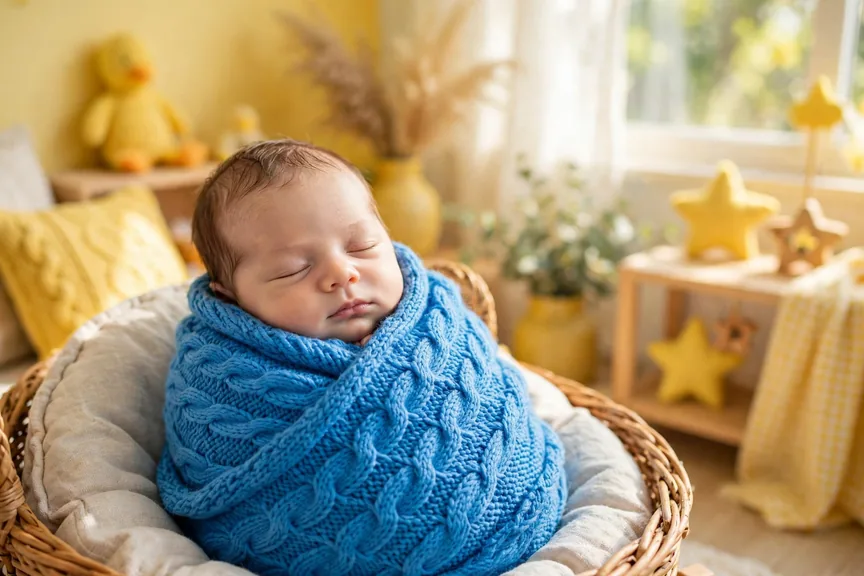 Newborn baby boy sleeping wrapped in a bright blue knitted blanket