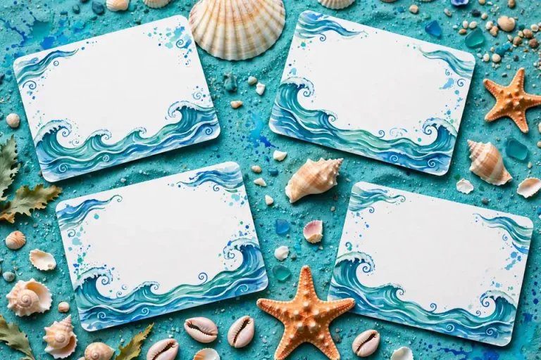 Ocean baby names on sea-blue nursery cards with seashells