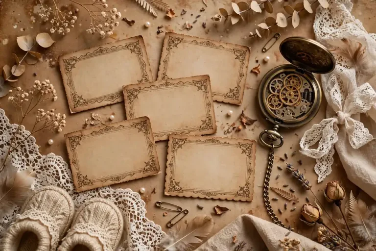 Vintage old-fashioned baby names on antique sepia cards