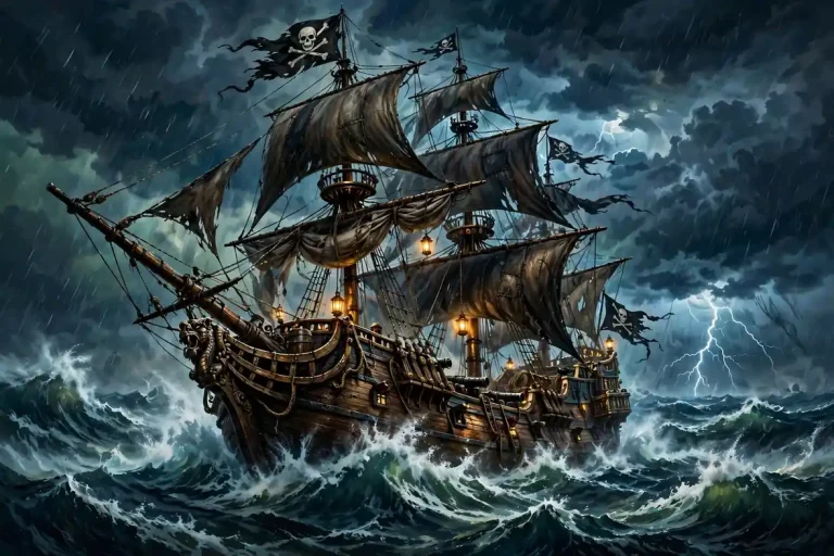 Pirate names list with swashbuckling pirate ship artwork