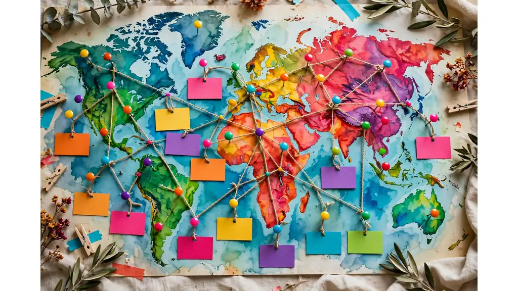 Colorful world map with bright pins and name tags in bold saturated colors, genealogy heritage theme