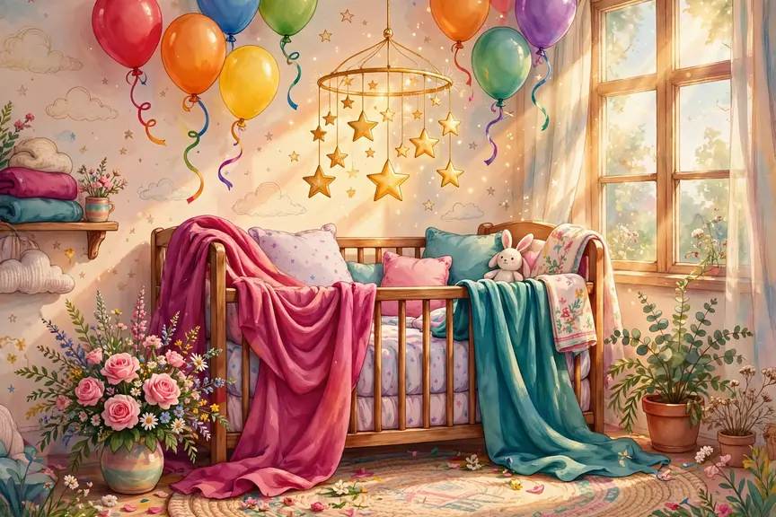Bright colorful illustration of a dreamy baby girl nursery with rainbow balloons for popular M girl names