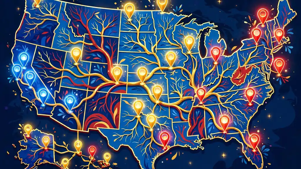 Colorful US map with bright pins and family tree branches in a vibrant genealogy theme