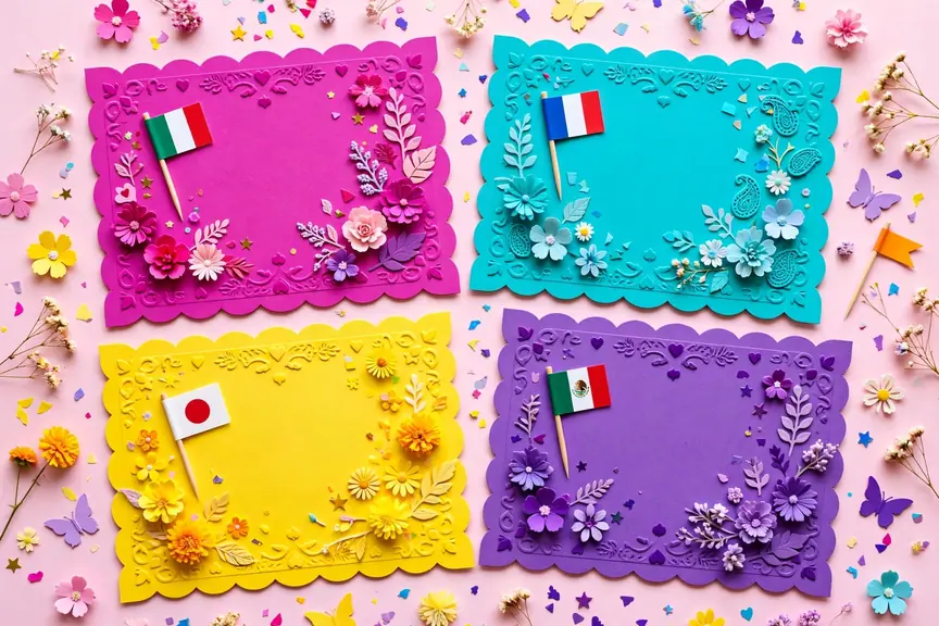 Bright colorful collage of international girl name cards with flowers and flags