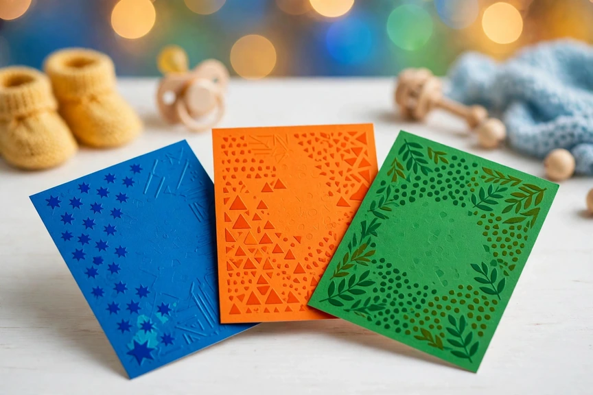 Fanned-out colorful baby boy name cards on a white table with bokeh lights