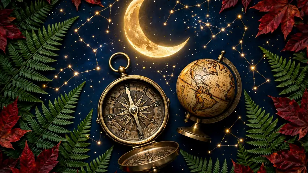 Glowing golden crescent moon with constellations, brass compass and vintage globe framed by emerald ferns and deep red leaves