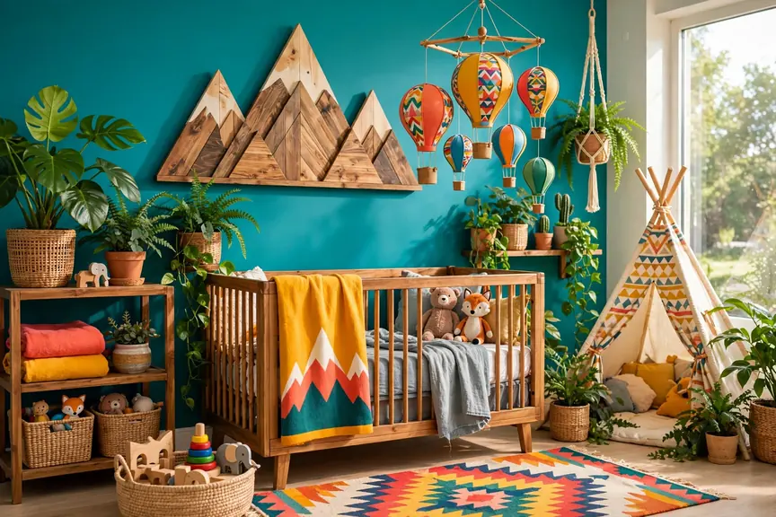 Vibrant baby boy nursery with nature and adventure decor in bright cheerful colors