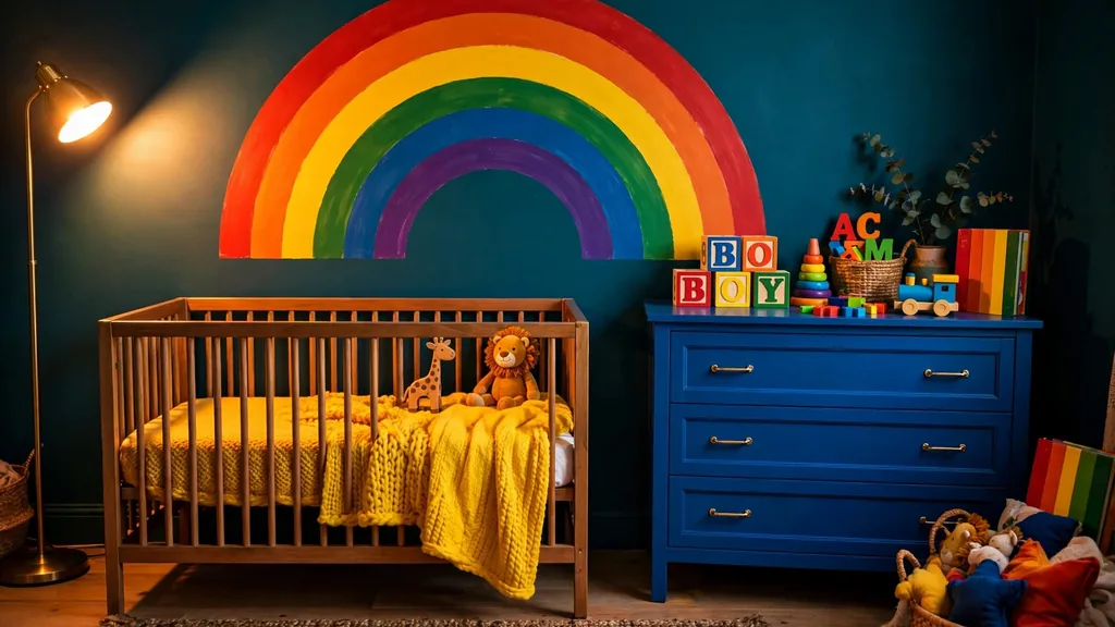 Bold colorful baby boy nursery with rainbow wall mural, teal walls and wooden name blocks