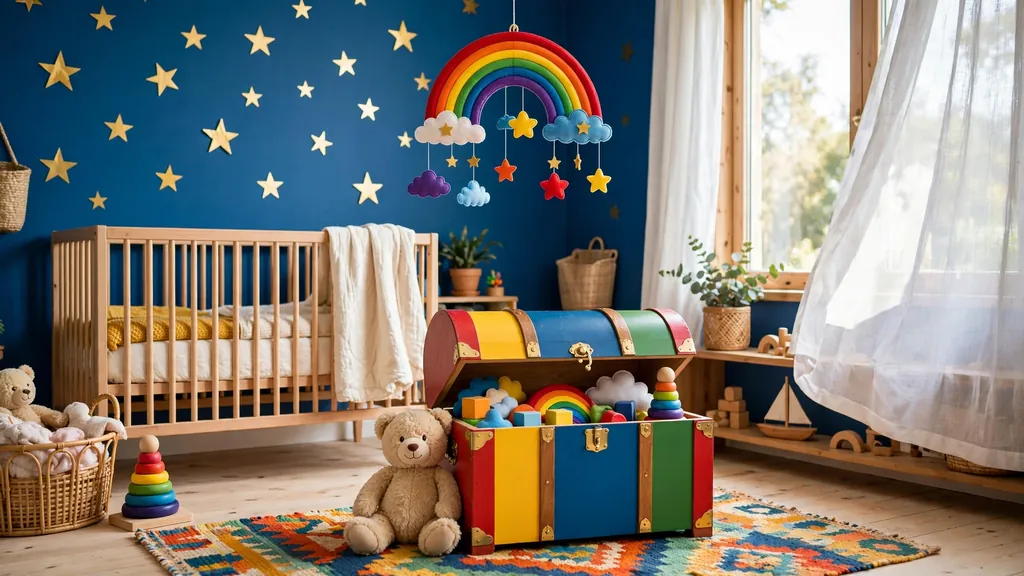 Cheerful baby boy nursery with deep blue walls, gold star decals, wooden toy chest and colorful decor