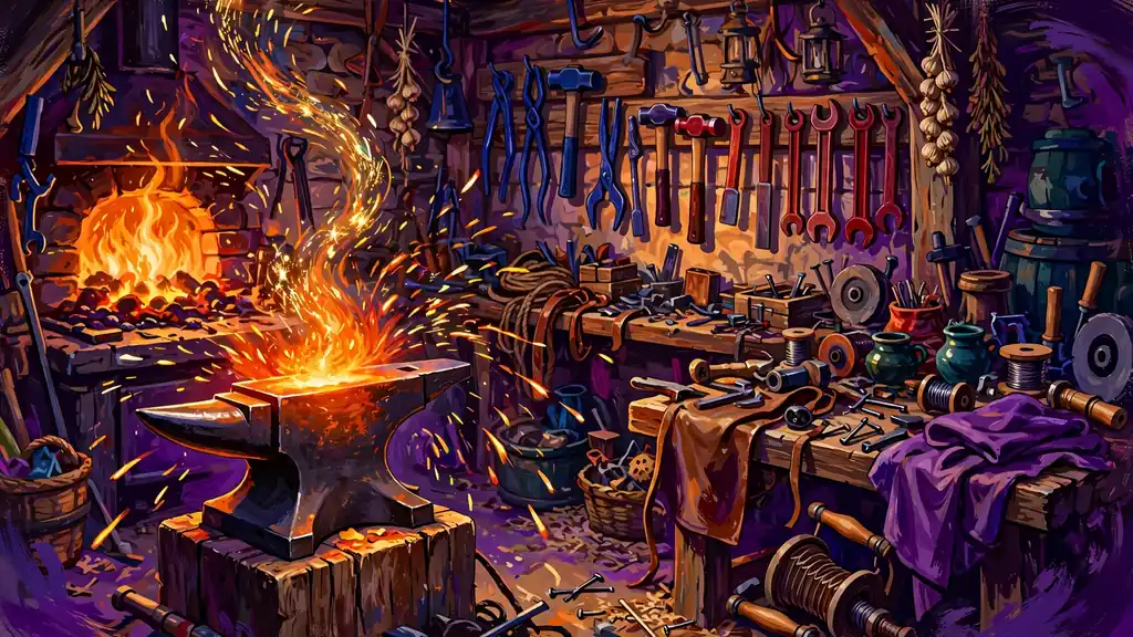 Vibrant illustration of a medieval blacksmith workshop in jewel tones for rare occupational surnames