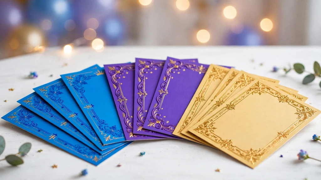 Fanned-out baby boy name cards in electric blue, royal purple and gold on a white table with bokeh lights