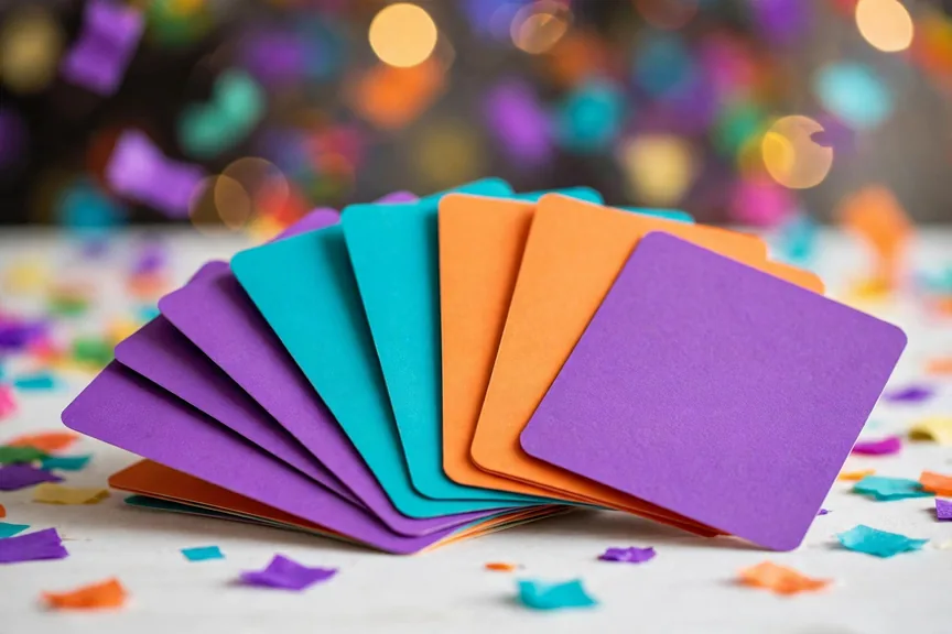 Colorful unique baby name cards in purple, teal and orange on a white table