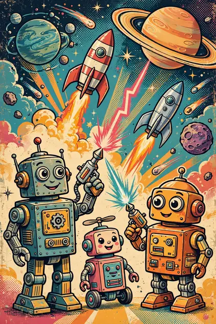 Famous movie robot names with retro sci-fi art