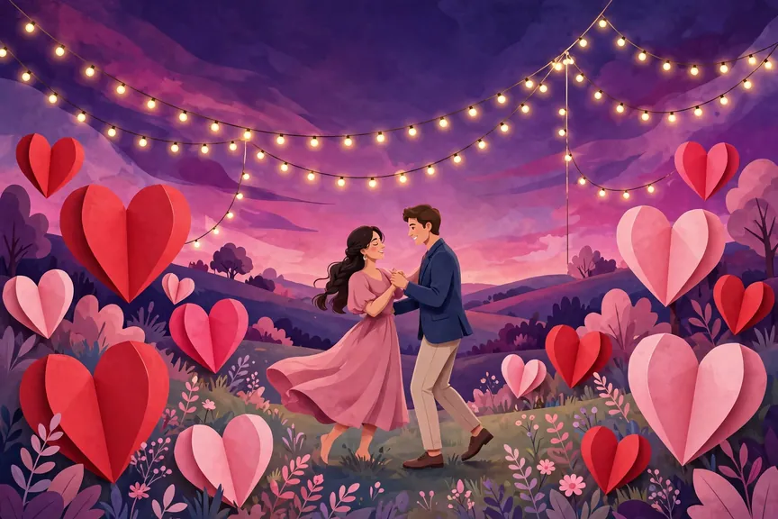 Romantic vibrant illustration of a couple dancing under fairy lights for romantic nicknames to call your boyfriend