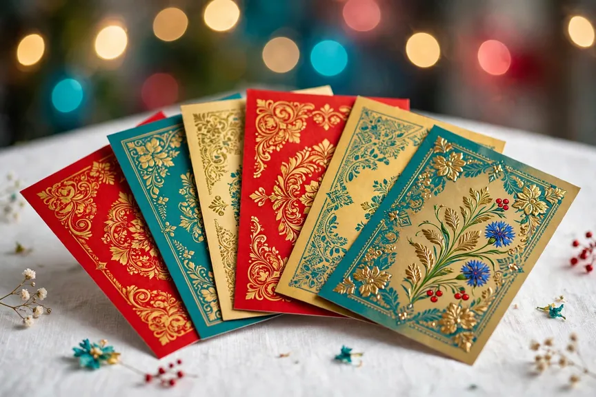 Colorful Russian girl name cards in bright red, gold and teal fanned out on a white table with vivid bokeh