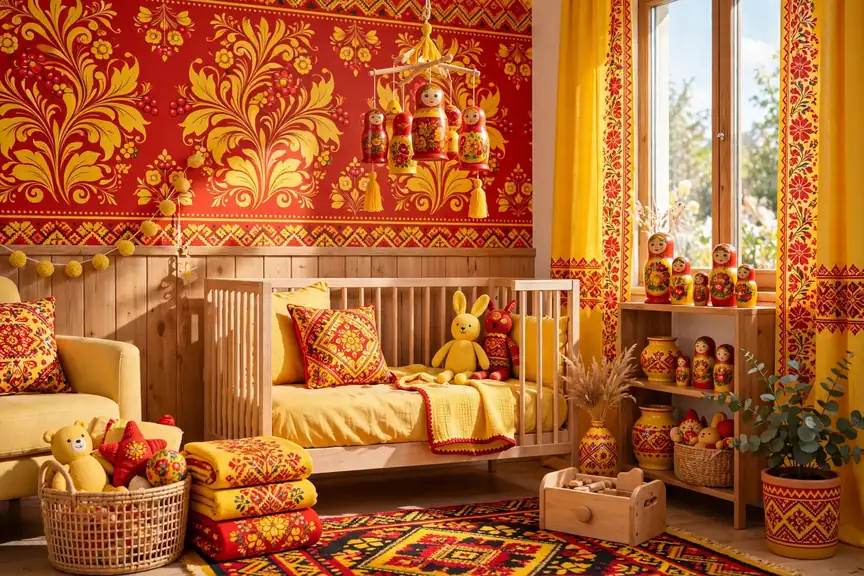 Bright cheerful baby girl nursery with colorful Russian folk pattern accents in bold red and yellow