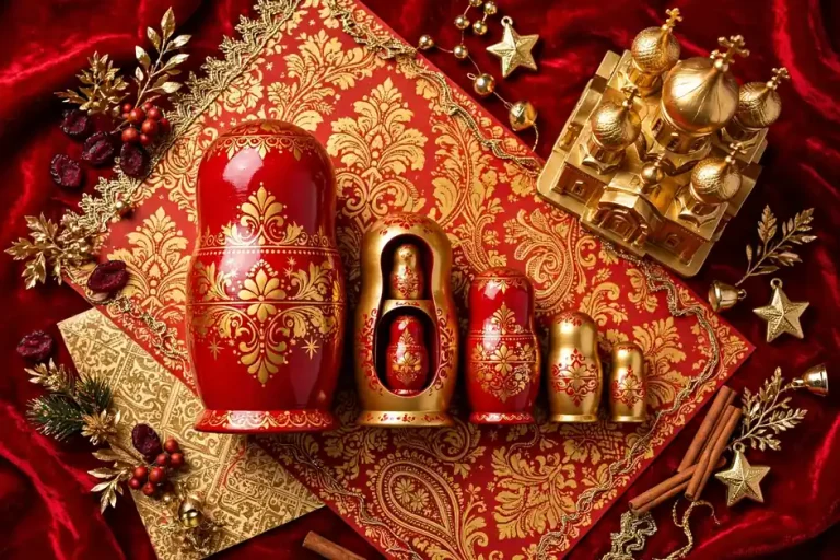 Vibrant Russian flat lay with red and gold matryoshka dolls and golden onion dome motifs in bold saturated colors