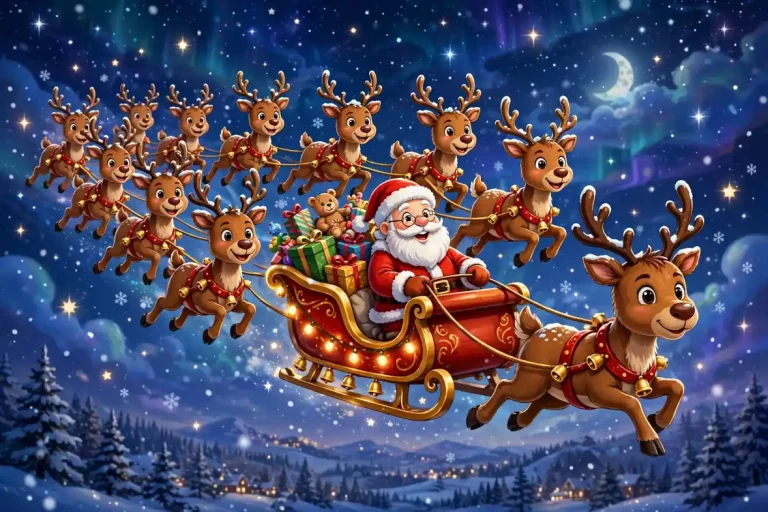 Santa's reindeer names list with all nine reindeer illustration