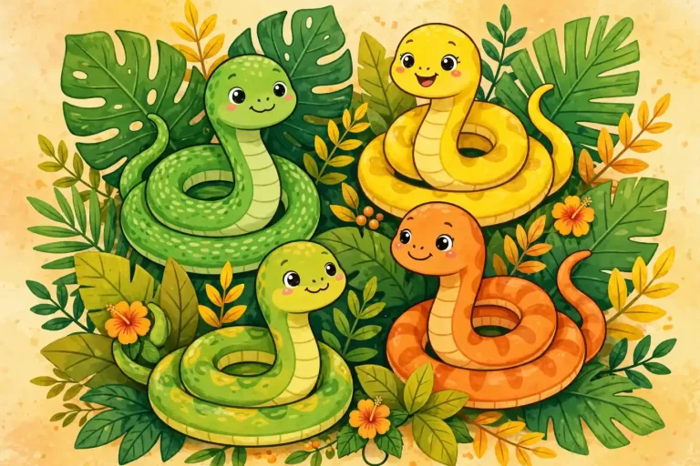Snake names list with colorful cartoon snakes illustration