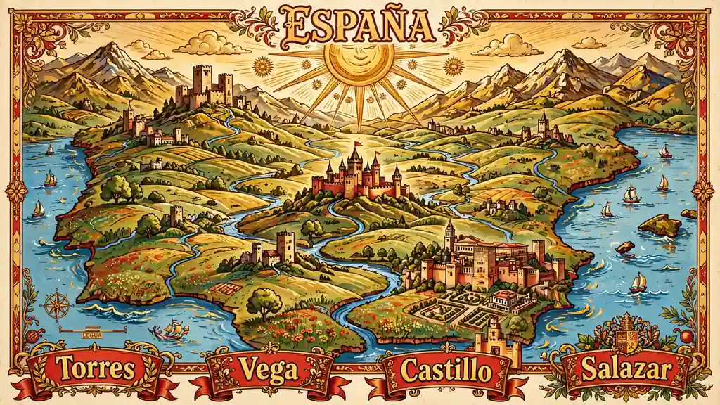 Illustrated map of Spain in red and gold with castle and tower landmarks, meadows, rivers, and banners reading Torres, Vega, Castillo, Salazar