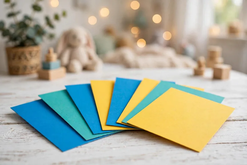 Colorful baby boy name cards in blue, teal and yellow on a white table