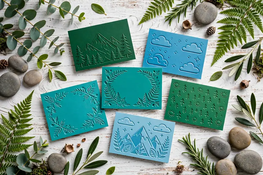 Colorful nature-themed boy name cards in forest green and sky blue with leaves and stones