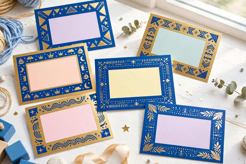 Colorful baby boy name cards in bold blue and gold on a white table