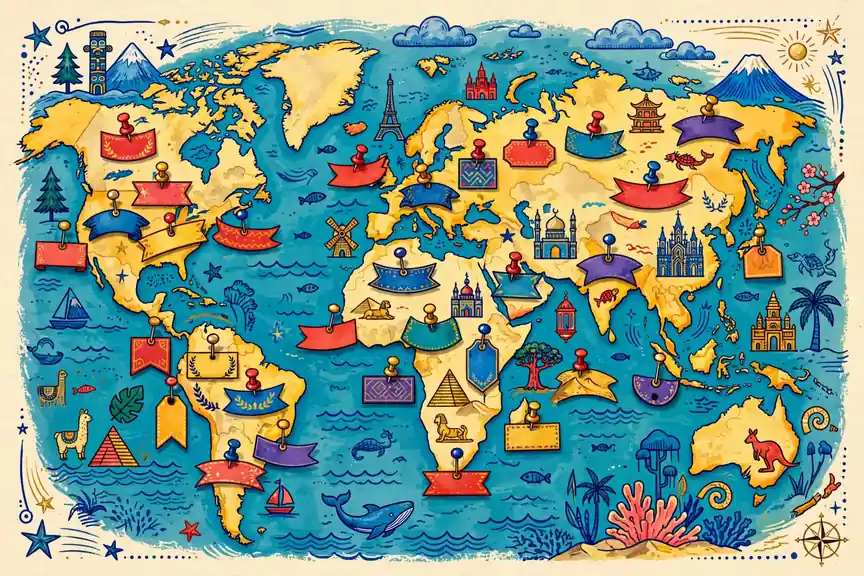 Vibrant world map with colorful rare boy name tags in bold red, blue and gold