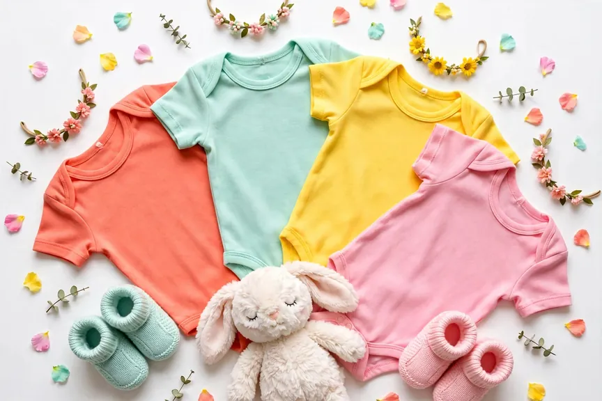 Vibrant rainbow flat-lay of baby girl onesies and floral headbands for unique M girl names