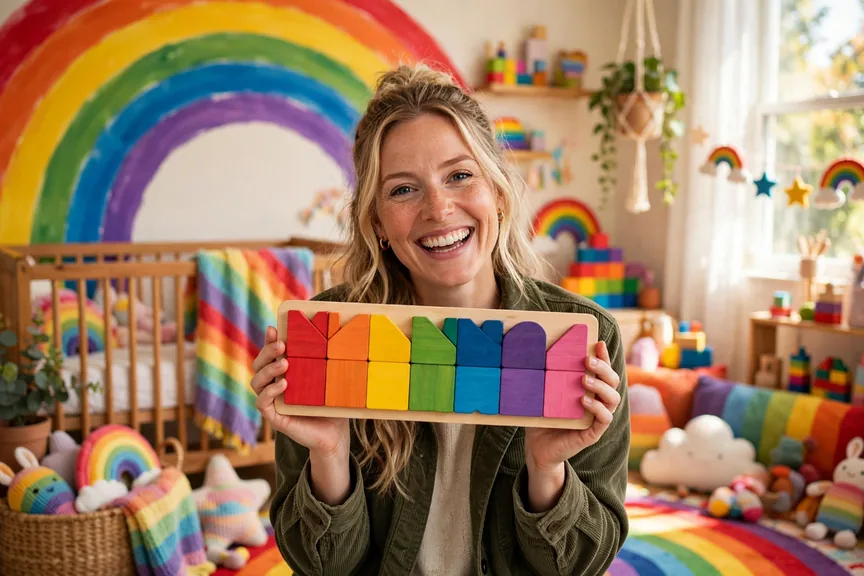 Parent holding a colorful name sign in a vibrant rainbow baby nursery