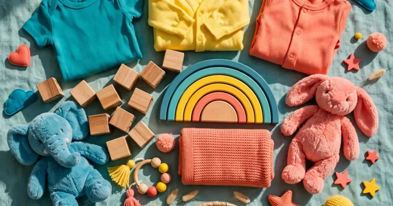 Vibrant gender-neutral nursery flat lay with alphabet blocks, plush toys and rainbow decor in teal, yellow and coral