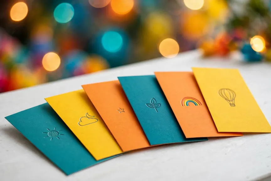 Colorful unisex baby name cards in teal, yellow and orange on a table