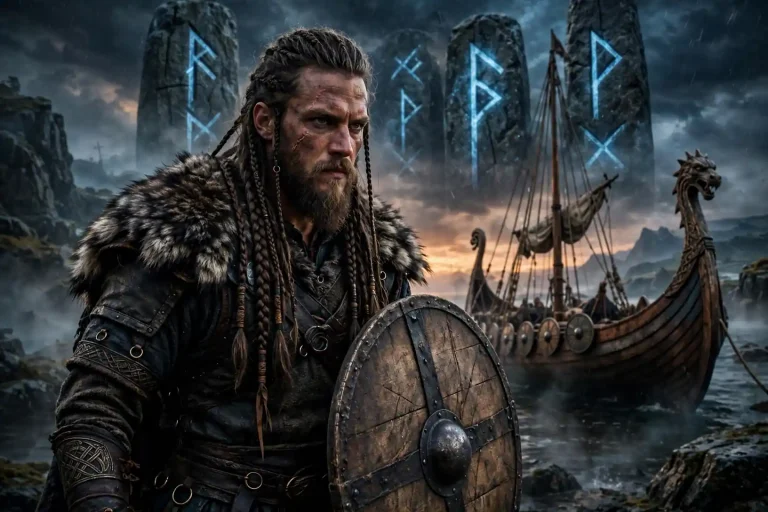 Viking names list with Norse warrior themed artwork and runes