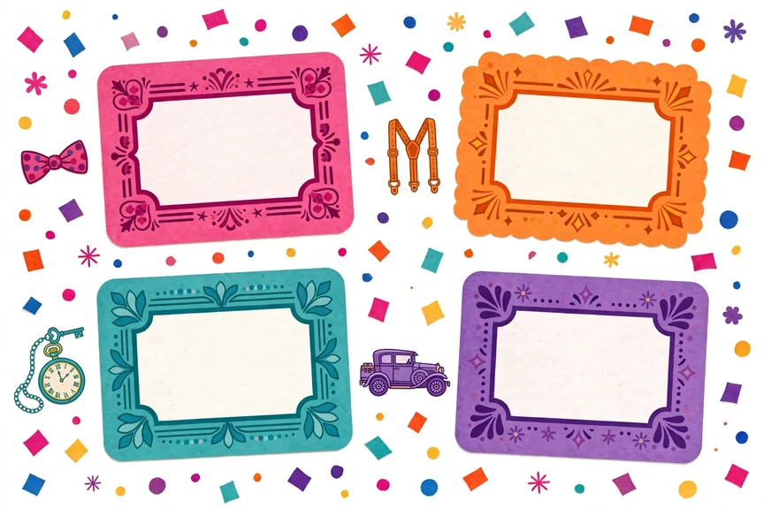 Colorful vintage baby name cards with bow tie, suspenders, pocket watch and retro car illustrations