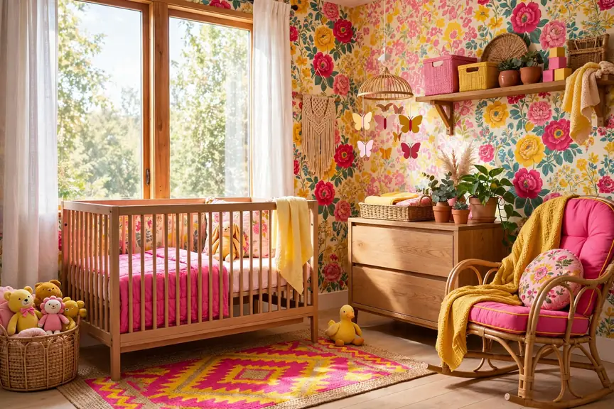 Bright cheerful baby girl nursery with colorful vintage floral wallpaper