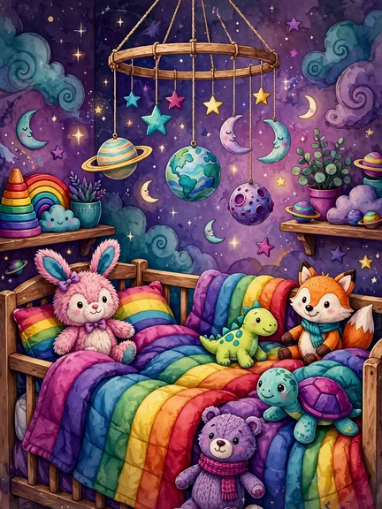 Vibrant jewel-tone nursery illustration with crib mobile for weird baby names