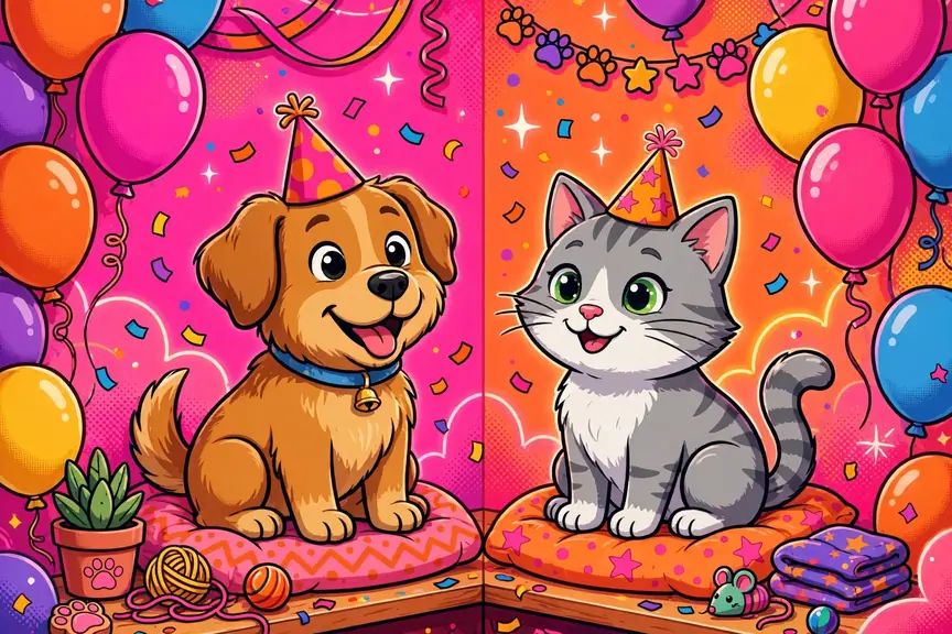 Playful illustration of a dog and cat in party hats for weird pet names