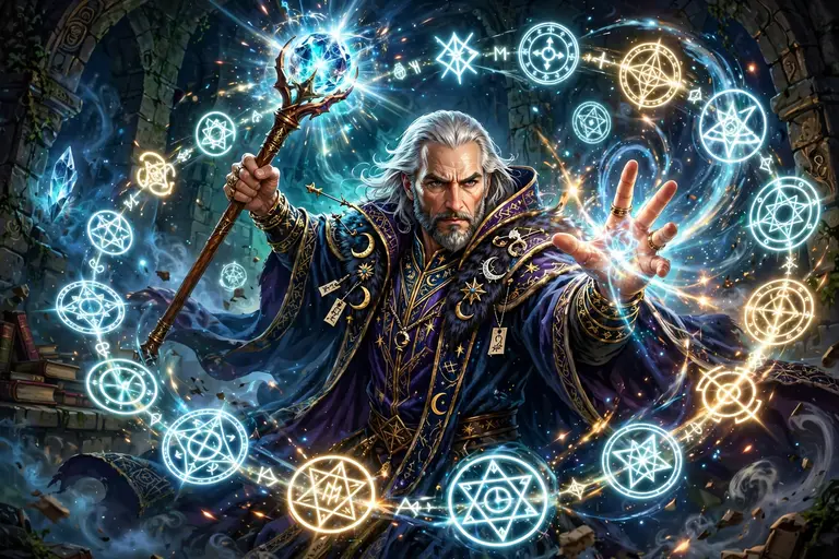 Powerful wizard names with magical staff and sparkles