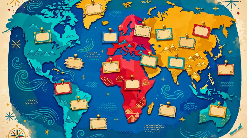 Colorful world map with decorative name-tag cards in bold saturated colors